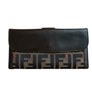 Authentic Fendi Zucca Monogram Canvas And Brown Leather Long Wallet Women’s